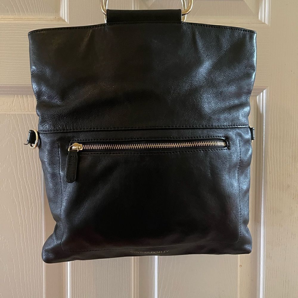 CYNTHIA ROWLEY BLACK LEATHER CONVERTIBLE FOLD-OVER SATCHEL TOTE . - Picture 3 of 12